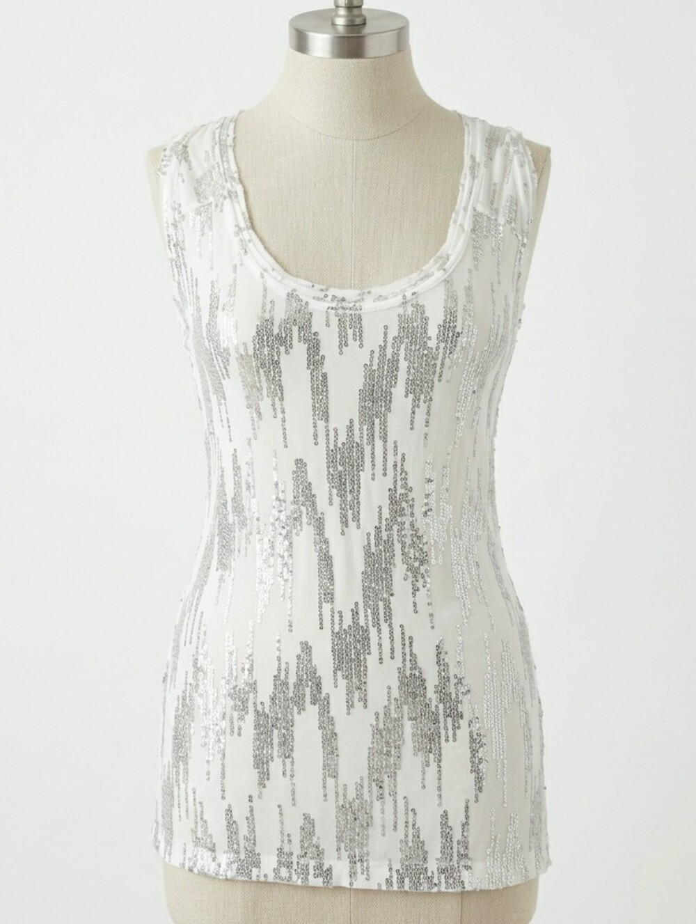 DIANE von FURSTENBERG Maconda Sequin Silk Blend Tank Top White Silver S